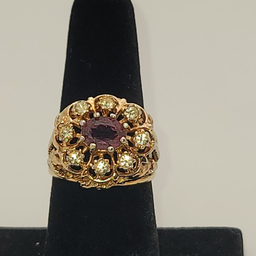 Vintage ESPO 14k GE Amethyst Glass Clear Crystal Cluster Cocktail Ring